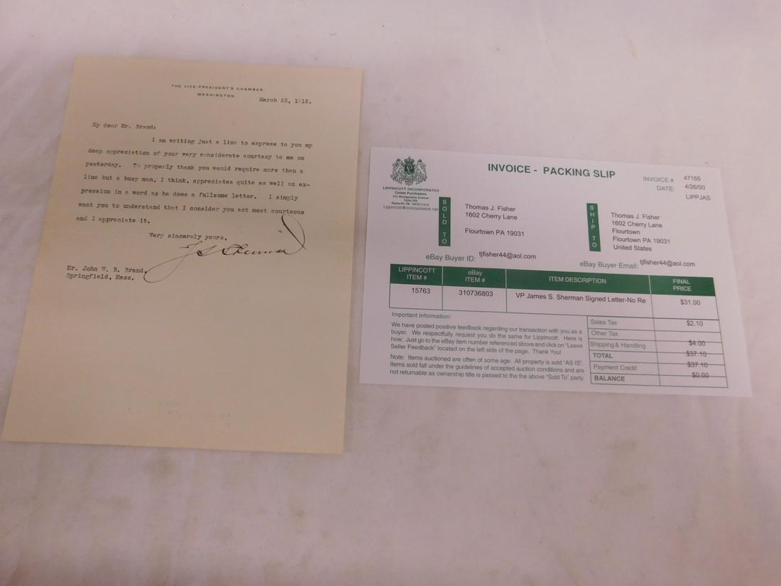 VP James S. Sherman Typed Signed Letter: VP James S. Sherman Typed Signed Letter, Vice President's Chamber, Washington letterhead, March 23, 1912 (under Taft), Thank you letter, 7" x 9". Note: We do not guarantee authenticity of any signatur