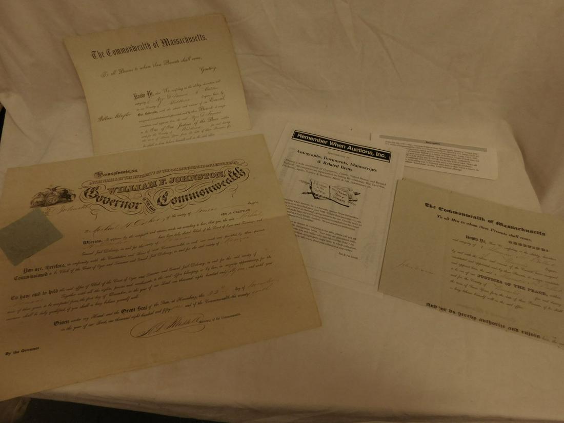 (3) 19th C. Signed Governor's Commissions: Three 19th C. Signed Governor's Commissions including: two Massachusetts - Governor John Davis, Eight of February, 1842, 16" x 20", with certificate of authenticity and William Claflin, Twenty-second