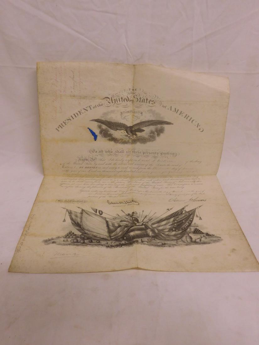 President Andrew Johnson Military Commission: President Andrew Johnson Military Commission, stamped signatures of Andrew Johnson and Edwin Stanton, March 13, 1865, single engraved sheet on vellum, appointing David B. McKibbin to Colonel in the US