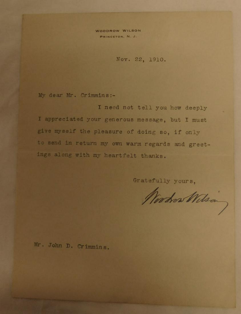 W. Wilson Signed Typed Letter: W. Wilson Signed Typed Letter, Woodrow Wilson, signed on named letterhead stationery, Princeton NJ, Nov 22, 1910 (after leaving as President of Princeton University), 6" x 8" (folded). Note: We do not