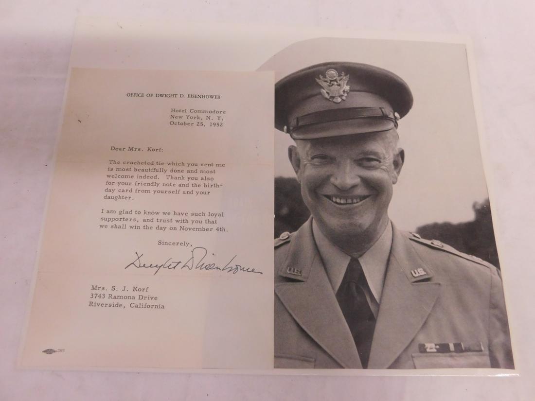 DD Eisenhower Photo & Signed Letter: DD Eisenhower Photo and Signed Letter, Dwight D. Eisenhower signed typed letter on named letterhead stationery, Oct 25, 1952, 5 1/8" x 7 3/4", with B & W (in uniform), 7 1/4" x 9". CONDITION: To left 