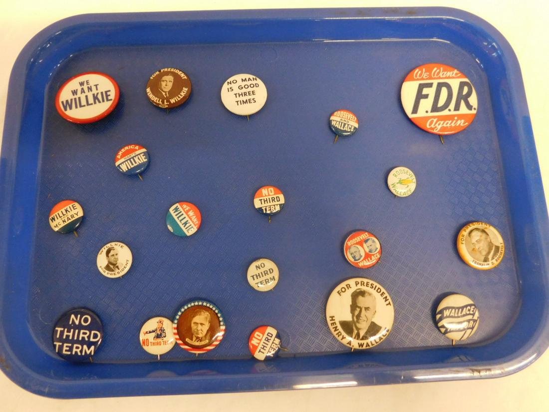 1940 Presidential Campaign Buttons: 1940 Presidential Campaign Buttons, including: F.D.R., FDR / Wallace, Willkie, Willkie / McNary, plus six No Third Term, one Henry A. Wallace and one Wallace / Taylor, photo button and slogan, 7/8" -