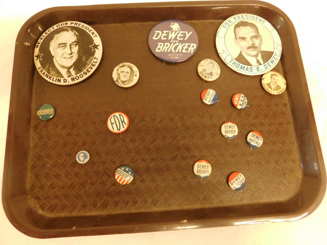 1944 Presidential Campaign Buttons: 1944 Presidential Campaign Buttons, including: Roosevelt, FDR, Dewey, Dewey / Bricker, some photo button, 5/8' - 3 1/2". CONDITION: Some spotting under plastic on large Dewey photo button, otherwise s