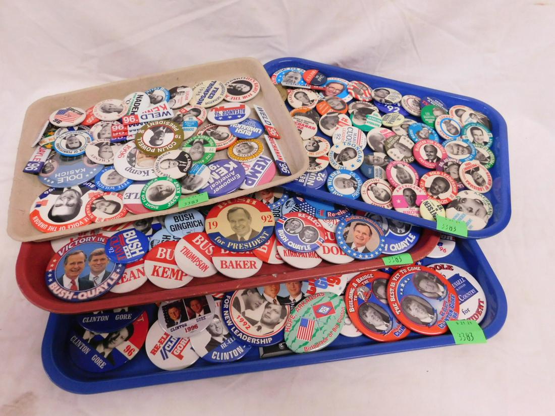 1992 & 1996 Presidential Campaign Buttoms: 1992 and 1996 Presidential Campaign Buttons, including: 1992 - Bush, Bush / Quayle, Clinton, Clinton / Gore with one Gephardt, plus 1986 - Dole, Dole / Kemp, Clinton, Clinton / Gore with, Buchanan, Sp