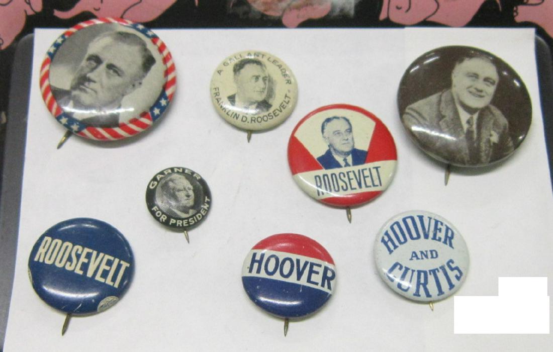 1932 Hoover Roosevelt Campaign Buttons: 1932 Hoover Roosevelt Campaign Buttons, for President including: Hoover and Hoover / Curtis, 7/8" each, four FDR photo buttons, 7/8" - 1 1/4" and Roosevelt 7/8", plus Governor for President, 1/2". CON