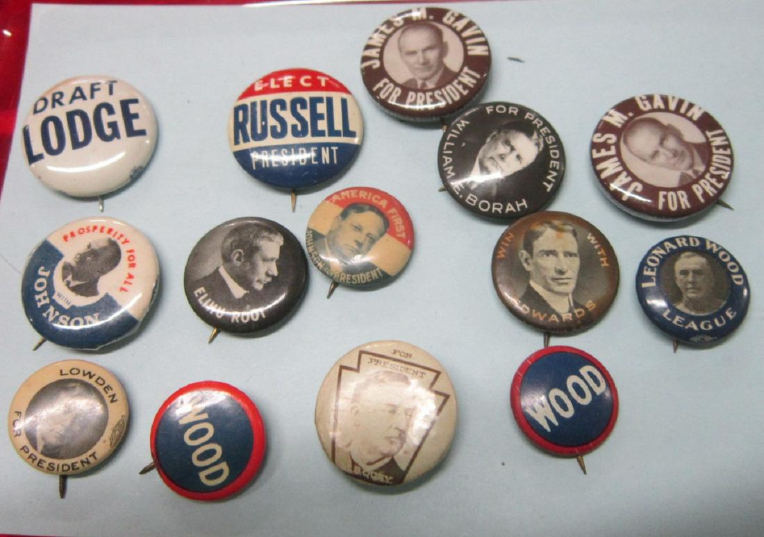 19th & 20th C. Presidential Campaign Buttons: 19th & 20th C. Presidential Campaign Buttons, all from men who didn't become the Republican or Democrat nominee including: M.S. Quay photo lapel button, three Leonard Wood, James M. Gonvin, Richard J.