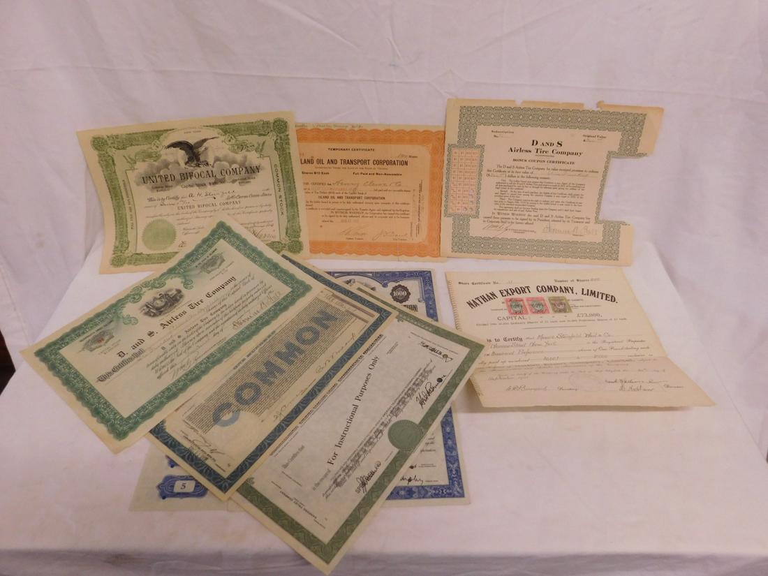 Assorted Common Stock Certificates: Assorted Common Stock Certificates including: Nathan Export Co.,Lmd. Sept 30, 1922, Island Oil & Transport Corp, Aug 23 1922, United Bifocal Co. June 2, 1913, Two D 7 S Airless Tire Co. July 14, 1911 