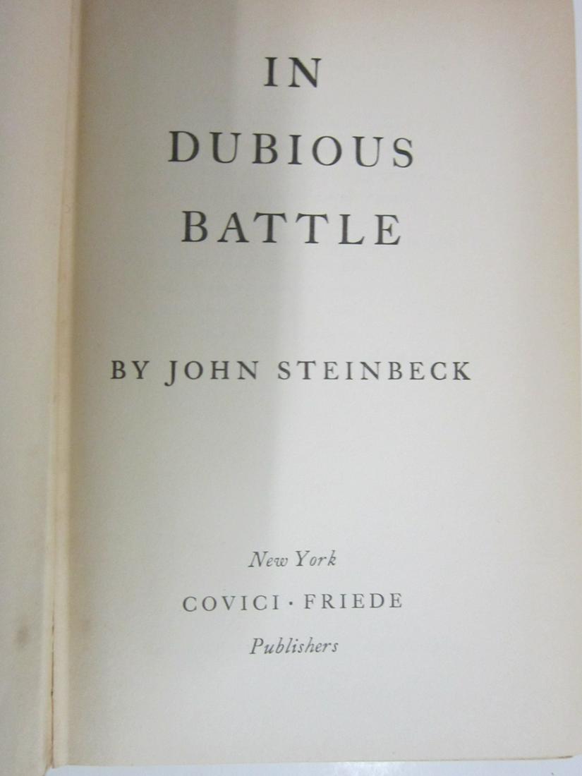 Steinbeck John In Dubious Battle First Printing: Steinbeck, John, In Dubious Battle, Covici Friede, New York, 1936. First printing. Albert J Raman Collection. Condition; No DJ, yellow cloth soiled at spine, and along top edges of boards. Glue-staini