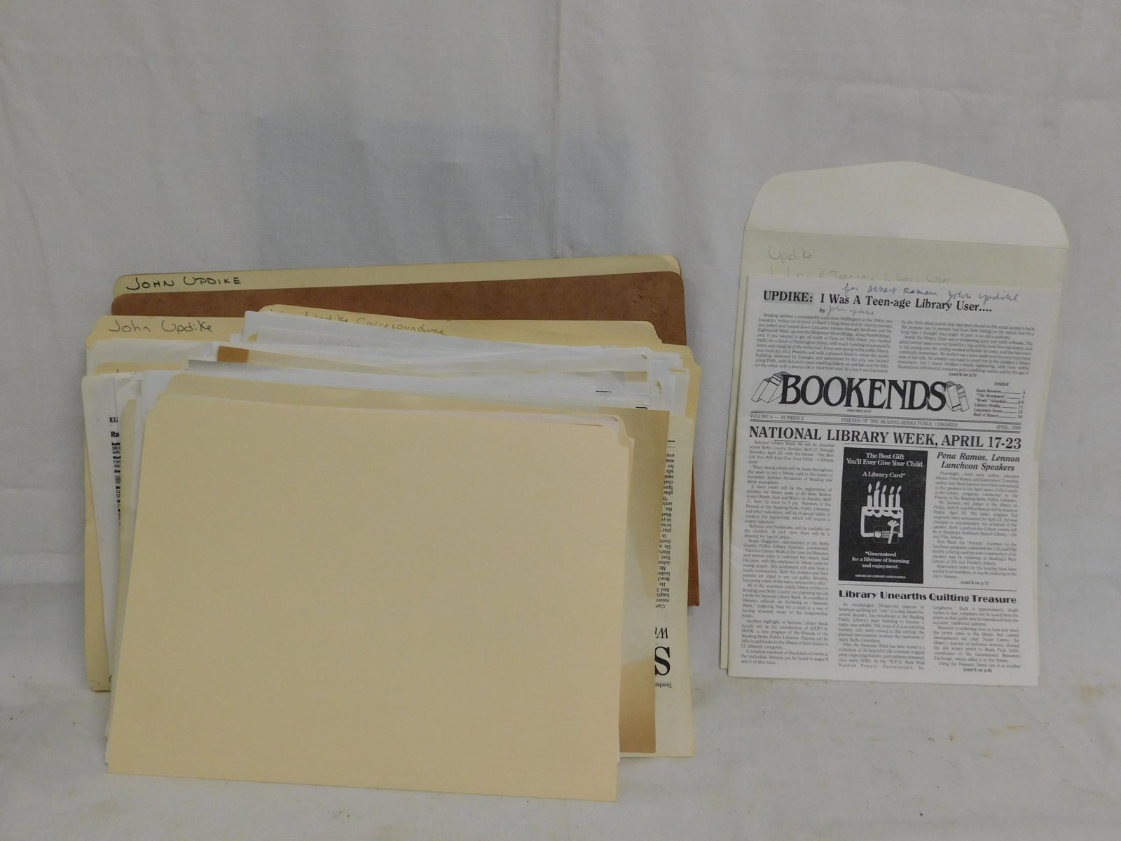 Updike, Ephemera lot: Updike, John, "I Was a Teen-Aged Library User" in Bookends; Journal of the Friends of the Reading-Berks Public Libraries 6 (April 1988). This copy signed by the author and dedicated to collector Alber