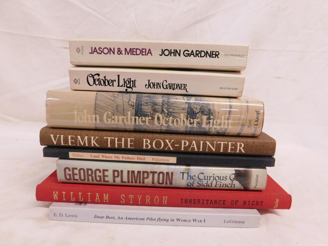 7 Author Signed Books: Seven Author Signed Books, John Gardner: "October Light", hardbound Knopfpub 1976, 1st ed, soft bound - Ballantine Books 1976, "Vlemk The Box - Painter," - Lord John Press 1979 1st ed; "Jason & Medera