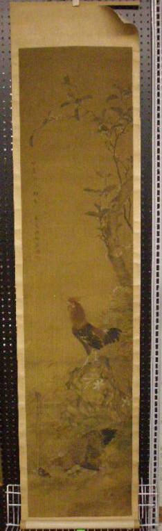 Japanese Scroll: Japanese scroll, watercolor on silk of cock, hen & chicks, signed, early 20th C., length 78"