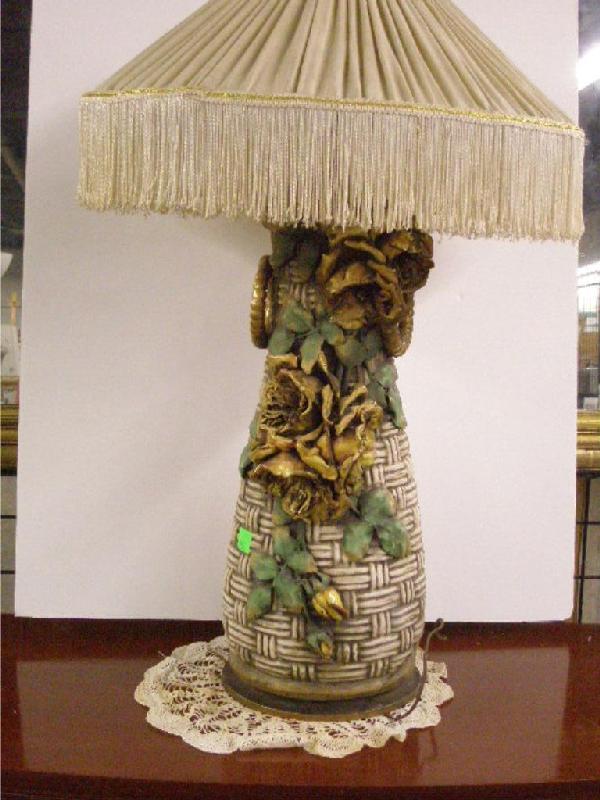 Amphora-Type Vase Lamp: Amphora-type vase lamp, basket weave w/applied high relief yellow flowers, ring handles, electrified, early 20th C., ;vase height 23"