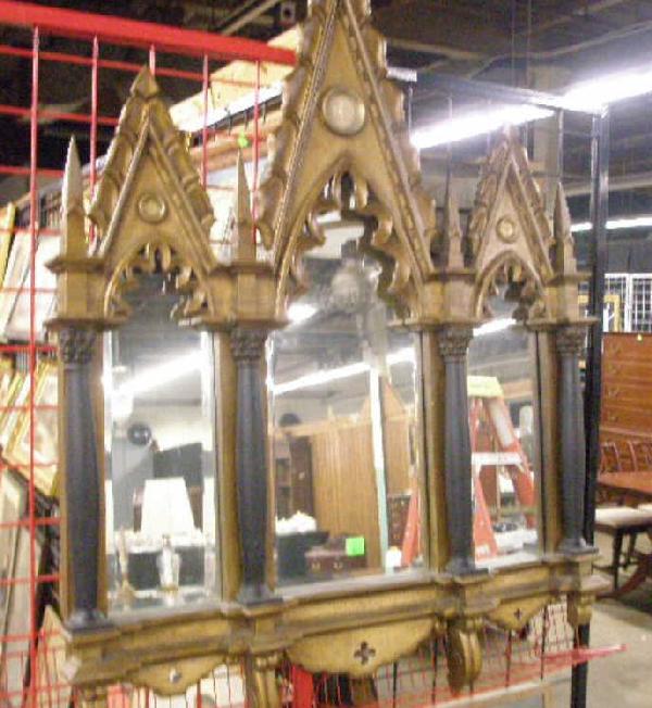 Gothic Style Wall Mirror: Gothic style wall mirror, distressed gilt ebonized wood, triple arched w/ beveled mirrors, late 20th c, 39 1/4" x 53"