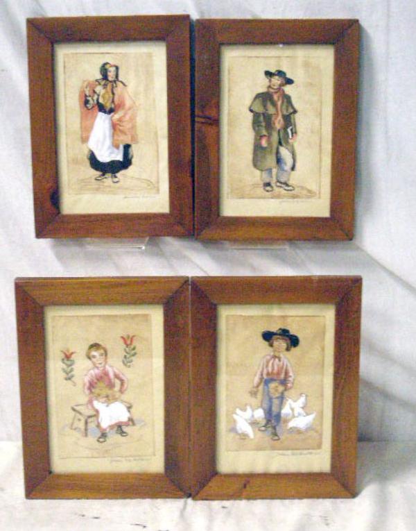 James M.K. Waldron Mixed Media Paintings: Four James M.K. Waldron, mixed media, Amish folk, 9"h x 5 3/4"w = images, 11 1/4"h x 8 3/8"w = frames