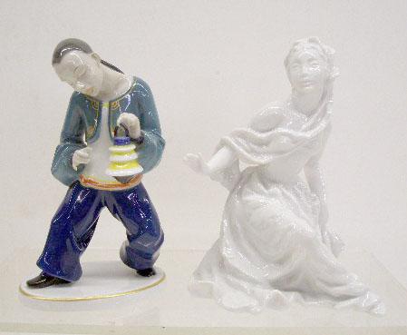 Rosenthal Porcelain Figures: Rosenthal porcelain figures, 6 1/2" #793 Oriental boy w/lantern & 6 1/2" #1898 seated female w/ flowing hair, designed by L. Friedrich Gronau.