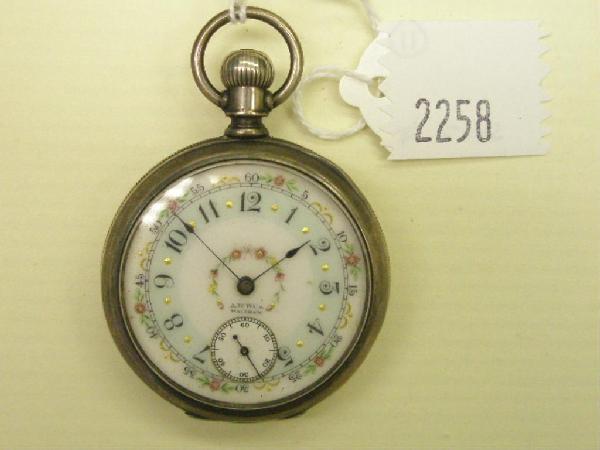 A.W.W. Co. Coin Silver Pocket Watch: Coin silver open face pocket watch, A.W.W. Co. Waltham, Mass. #5603544, floral & gold painted porcelain dial, chaised scroll & floral design on back, size 12, stem wind [11]