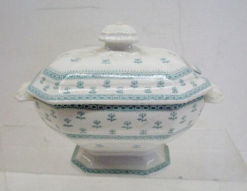 19th c. English Ironstone Tureen: 19th c. John Ridgway English Ironstone 5" x 8" mini tureen w/green floral & geometric designs