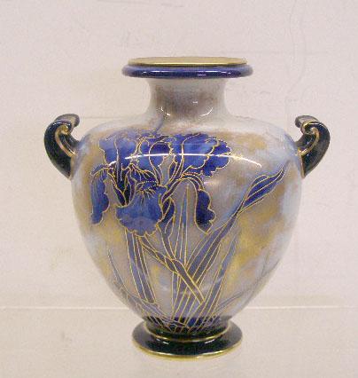 Doulton Burslem Pottery Vase: Late 19th c. Doulton Burslem pottery 8" double handle vase w/hand painted blue floral design w/gilt outline, gilt spatter overlay, marks on base are Doulton Burslem w/crown & incised Doulton marks, A3