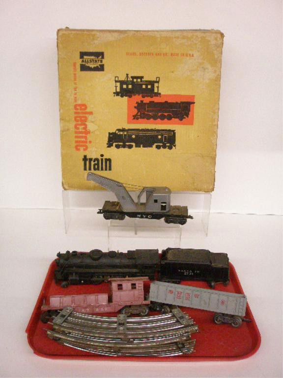 1950's Marx All State Electric Train Set: 1950's Marx for Sears, Roebuck and Co. #9624 Allstate Electric 5 piece train set w/ box & track, #666 die cast 2-4-2 Locomotive, #2731 Santa Fe Tender, New York Central Crane car, A.T. & S.F. Work cab