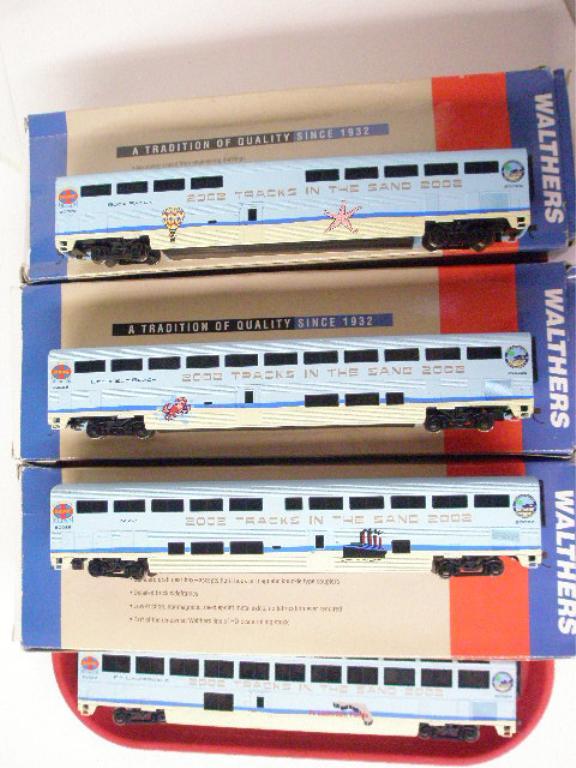 Walthers HO Tracks In The Sand Passenger Cars: Walthers HO scale 2002 Tracks In The Sand passenger cars w/boxes, Ft. Lauderdale Observation (no box), Miami Sleeper, Deerfield Beach Coach & Boca Raton Diner. CONDITION: Very good w/minor wear & boxe