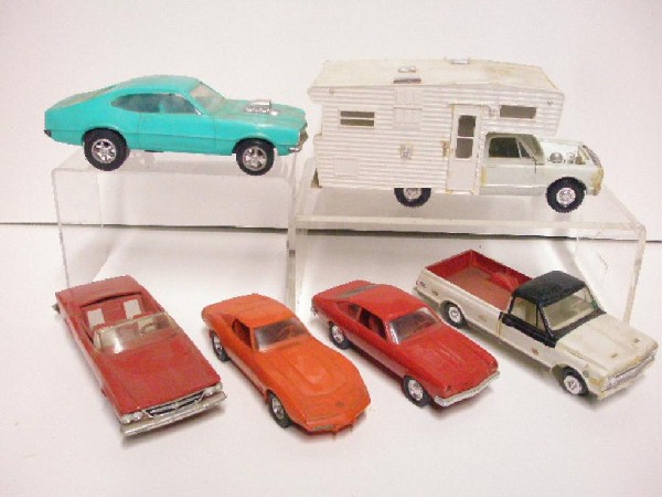 1960's & 1970's Plastic Promotional Cars: 1960's & 1970's plastic promotional cars, 1963 Chrysler 300 convertible, 1968 Chevrolet camper, 1970 Chevrolet pick-up, 1970 Processed Plastic Co. Ford Maverick, 1975 Vega & 1975 Corvette Sting Ray. C