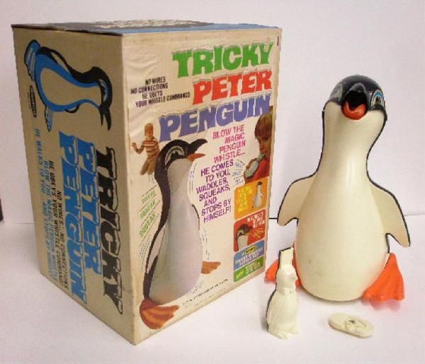 Remco Tricky Peter Penguin: 1969 Remco battery operated Tricky Peter Penguin w/box. CONDITION: Not working, areas of wear & box has wear & tearing.