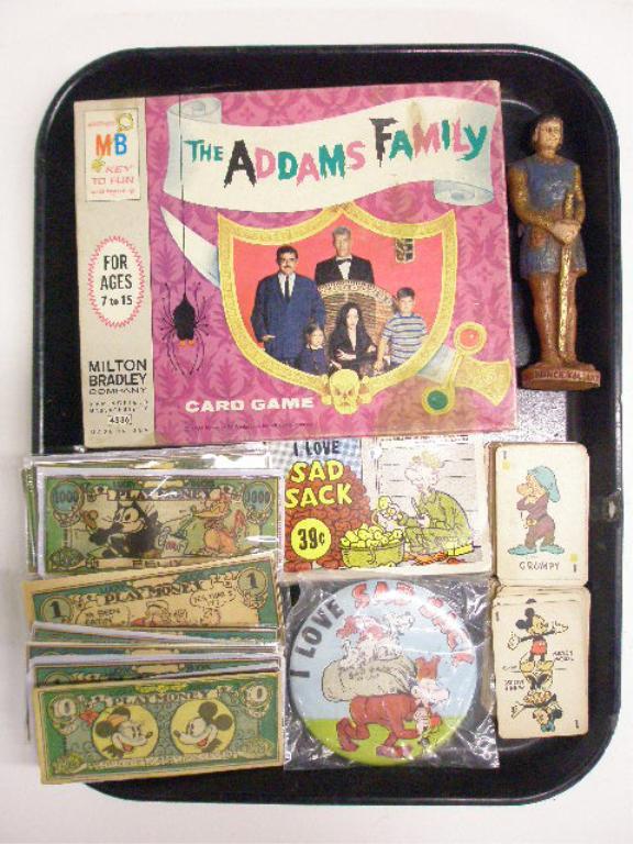 1940's & 1960's Character Toys: 1940's & 1960's character toys lot, assorted 1940's Lucky Bucks paper play money & Walt Disney Productions card game cards, 1944 King Features syroco wood Prince Valiant figure, 1965 Milton Bradley Th