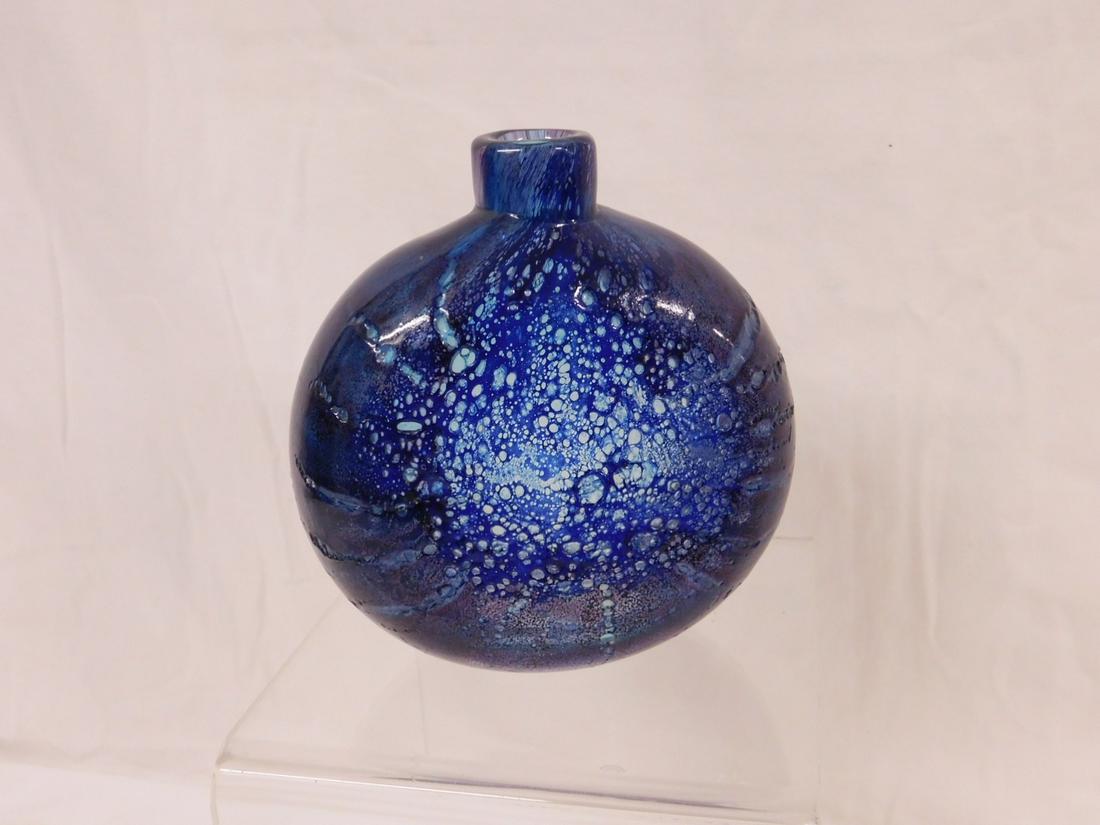 Kosta Art Glass Bottle / Vase: Kosta Art Glass Bottle / Vase, Sweden, Goran Warff design, blue moon shape, flat polished on one side, rounded and bubble textured surface on other side, model 47266, 6" x 5 1/2" x 2 1/4", mid 20th C.