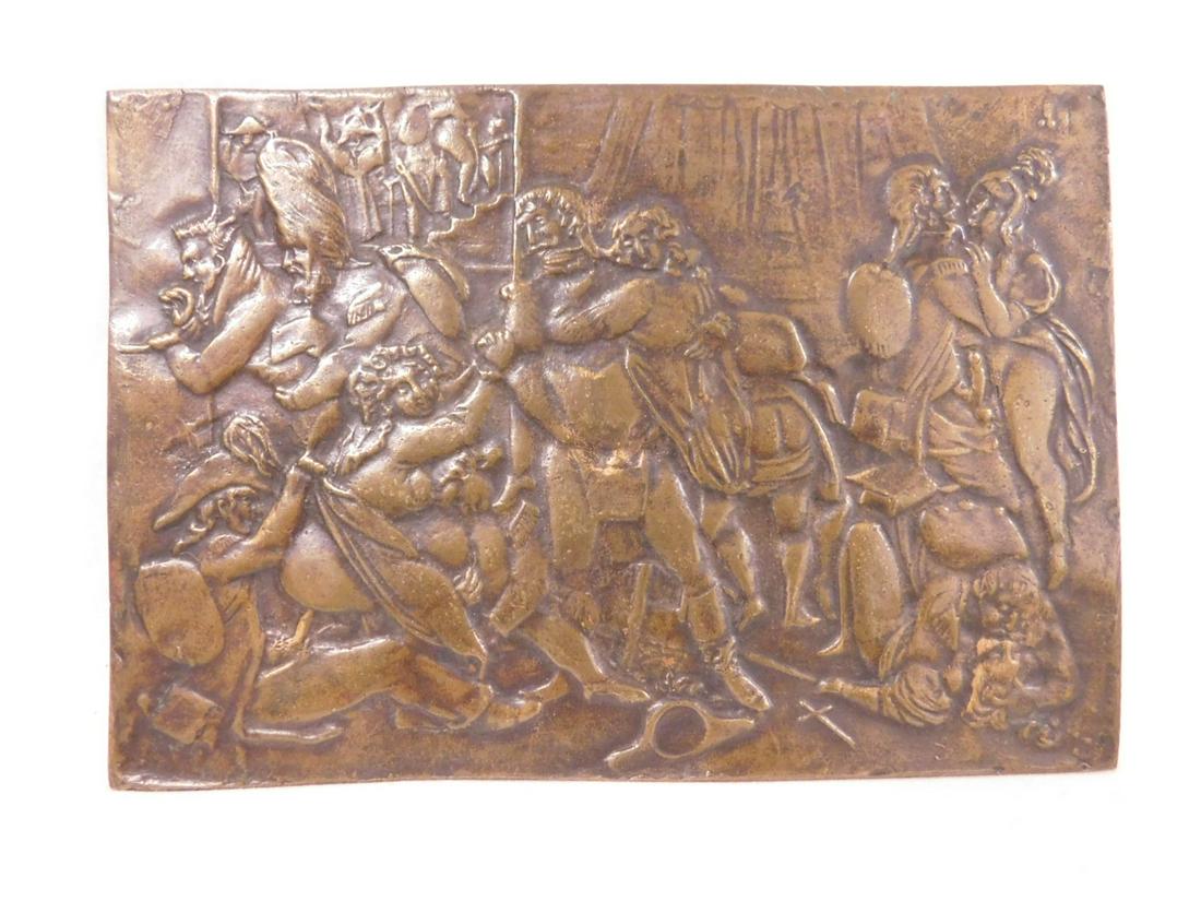 Antique Bronze Erotic Plaque: Antique Bronze Erotic Plaque, depicts a relief cast Renaissance, orgy scene, Phallic monogram, upper right, 7 1/8" x 5", 19th C. [36] CONDITION: Very fine. No issues identified.