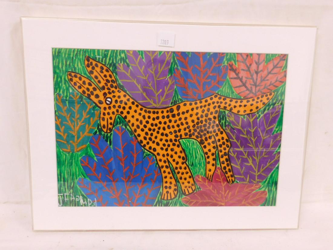 Outsider Art Gouache Painting: Outsider Art Gouache Painting, illegibly signed lower left, standing spotted animal in lush forest setting, matted in Lucite frame, 20th C, sight 18" x 12". CONDITION: Very fine. Not examined out of f