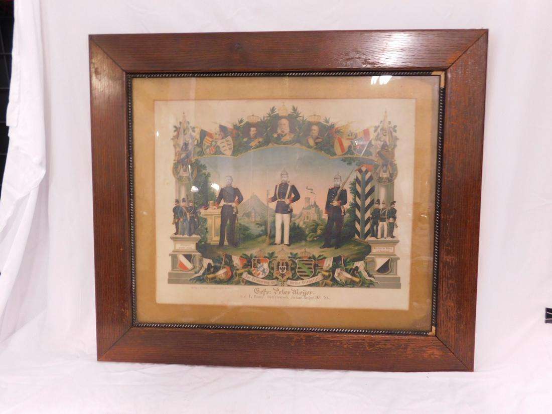 Prussian Military Certificate: Prussian Military Certificate, colored engraving on paper with portraits of rulers and military officers, "b. d 1.Comp. Ostfriesisch Infant. Regemt. No. 28", sight 20" x 16", matted in oak frame, 30" 