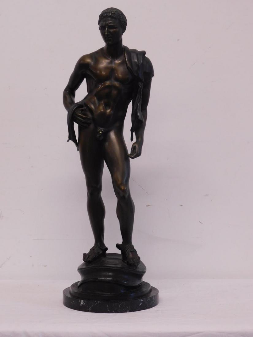 Bronze Male Nude Sculpture: Bronze Male Nude Sculpture, signed Za?otti, depicts a classical Greek standing nude man with scarf draped over shoulder and wearing sandals, black marble base, 19th / 20th C. 31"h. CONDITION: Very goo