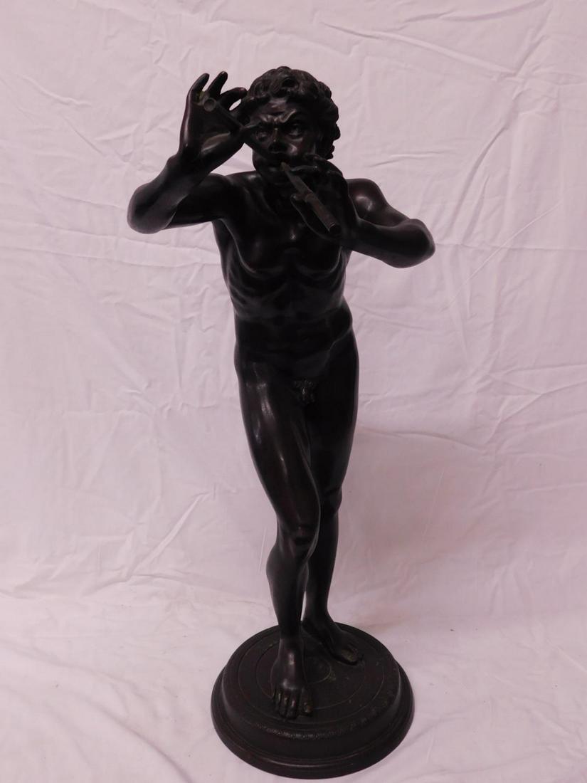 F.(erdinando) de Luca Bronze Sculpture: F.(erdinando) de Luca Bronze Sculpture, Italian - 19th/20th C. a nude standing Pan blowing his twin pipes, a stepped circular bronze base, signed F. de Luca; 27"h. CONDITION: Very fine.