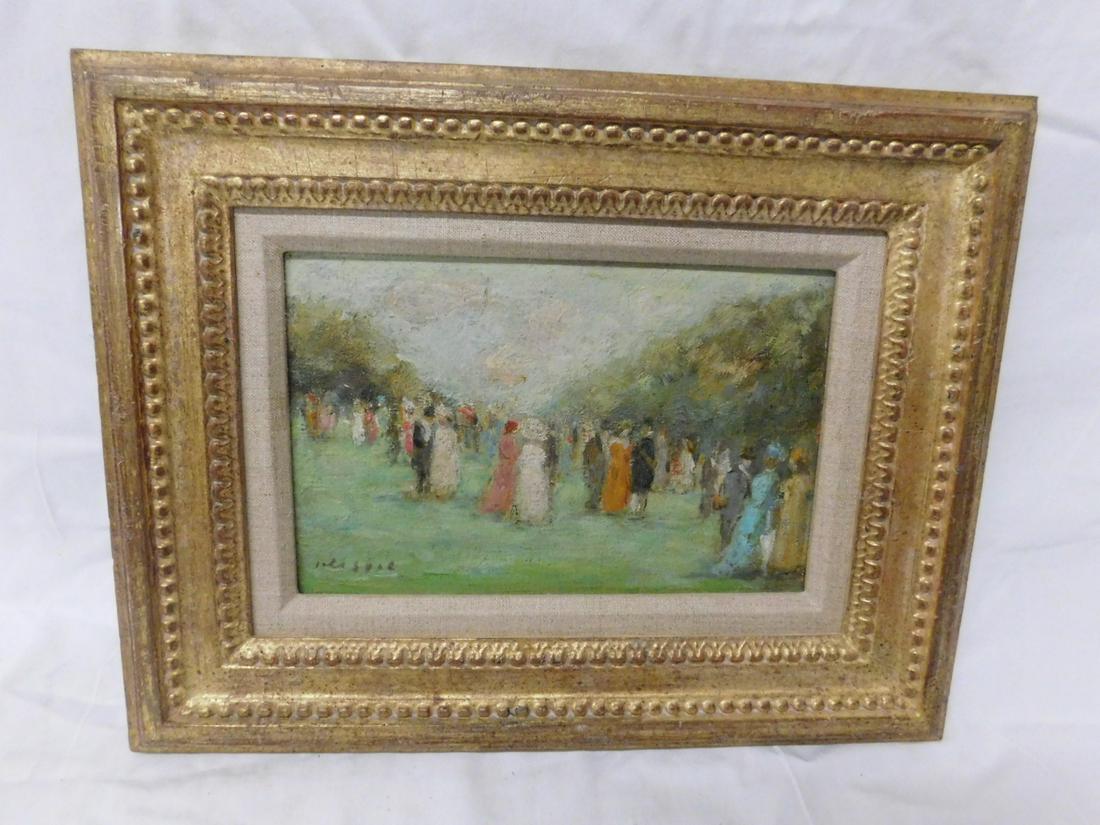 Gabriel Spat Figures in Park Painting: Gabriel Spat Figures in Park Painting, American impressionist 1890-1967, oil on canvas over board, signed lower left, "Courses a Langchamp", many formally dressed figures in park setting, sight 8 1/2"