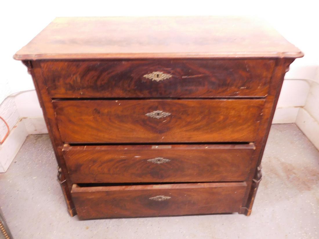 Victorian Dresser: Victorian Dresser, walnut, molded edge top over 4 figured walnut drawers with fancy brass escutcheons & original locks, molded & scrolled corner columns & feet c1860s 18 1/2" x 40" x 35 1/2" Condition