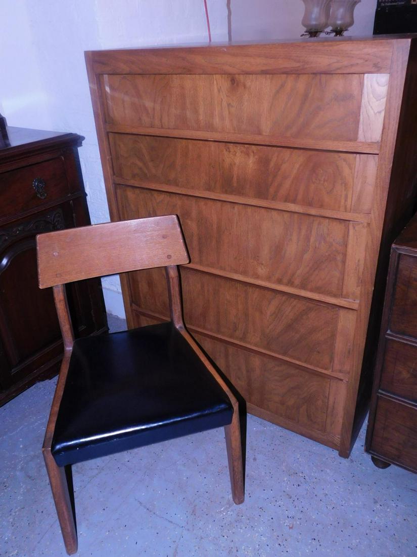 M.C.M High Chest & Chair: M.C.M High Chest & Chair, Chest: Huntley by Thomasville, oak, 5 graduated drawers with chamfered ends, 36" x 48" x 18" and a mahogany M.C.M side chair with black vinyl slip seat, H 31", c 1960-70 [24]
