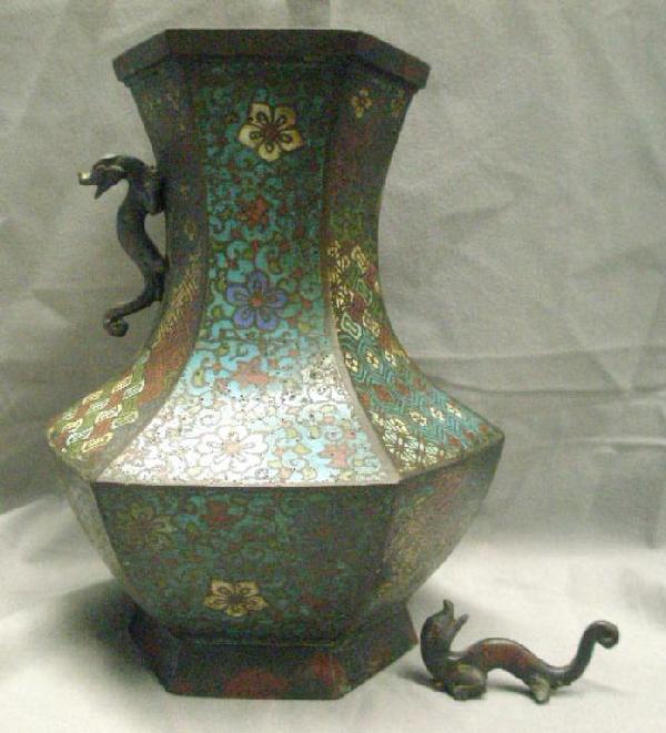 Chinese Champleve Hexagonal Bronze Vase: Chinese champleve hexagonal bronze vase with dragon handles, signed o base, late 19th C., 11 1/2" height.
