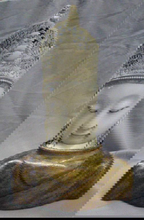 Chinese Ivory Empress Bust: Chinese ivory empress bust with reticulated floral & buddha carved crown & inset wood lid with buddha carved finial signed on base sets upon wood chest & shoulder carved stand, early 20th C. 13" heigh