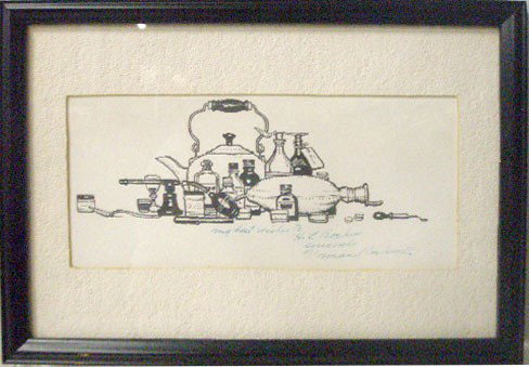 Norman Rockwell signed and inscribed Ink Drawing: Norman Rockwell, ink drawing, tea kettle & medicinal accoutrements [green ink inscription below image: "My Best Wishes to / H.L. Bockus / Sincerely / Norman Rockwell"]. 3 1/2 x 7 7/8.