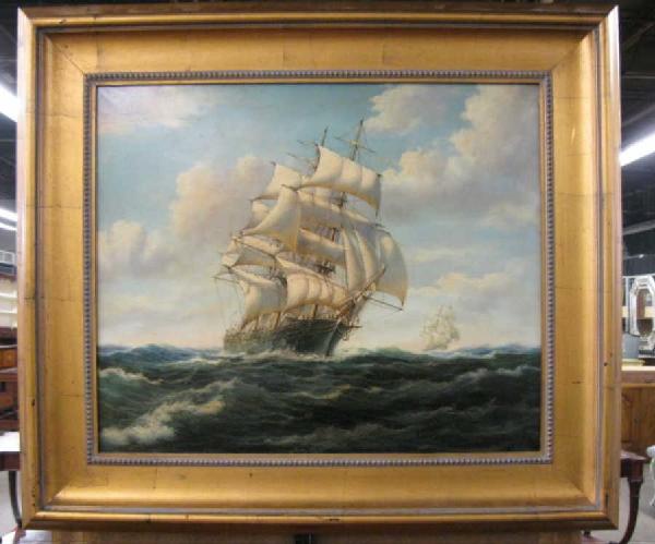 Martz, o/c, Clipper Ship: Martz, signed, oil on canvas, Clipper Ship [modern stylized reproduction] [single cove gilt frame] 19 3/4"h x 23 1/4"w.