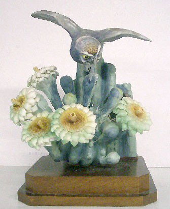 Royal Worcester Doughty Elf Owl Figure: Royal Worcester porcelain Dorothy Doughty designed 13" Moonlight Elf Owl Micropallas Whittneyi Whittneyi & Giant Saguaro figure w/special made wood crate