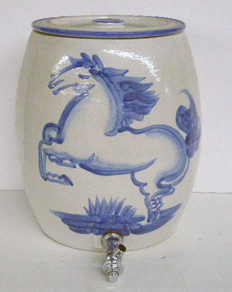 M.A. Hadley Pottery Water Cooler: M.A. Hadley pottery 12" water cooler w/hand painted horse design on front & back