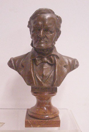 Austrian Bronze Richard Wagner Bust: Late 19th c. Austrian signed 11 1/4" Richard Wagner bust sculpture on rouge marble column base