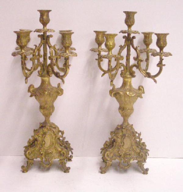 French Dore Bronze Candelabra: Pair late 19th c. French Dore bronze Rococo style 5 light 19" candelabra