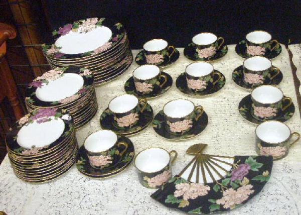 Fitz & Floyd Cloisonne Peony China Set: Fitz & Floyd Cloisonne Peony pattern 61 piece china service for 12, (12) 10 1/4" dinner plate, (12) 7 1/2" salad plate, (12) 6 1/2" bread & butter plate, 12 cups, 12 saucers, 11 1/4" fan tray