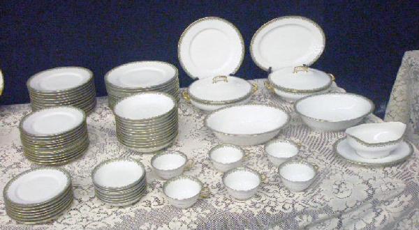 Charles Ahrenfeldt Limoges China Set: Charles Ahrenfeldt Limoges (for Wright Tyndale & Van Roden, Philadelphia) AHR 155 pattern (pink & green scroll edge, gold trim) 76 piece partial china set, (12) 9 3/4" dinner plate, (12) 8 1/2" lunche