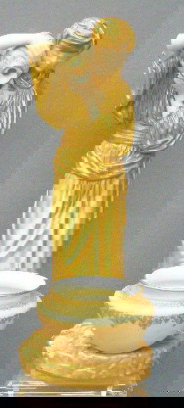 Royal Worcester Eastern Water Carrier Figure: c. 1906 Royal Worcester hand painted English porcelain 11 1/2" figure, after model of James Hadley, depicting a Eastern female with vase in arms, pouring into mounted vase on base