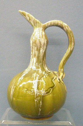 Theodore Deck Pottery Ewer/Vase: Late 19th c. Theodore Deck French pottery 9 3/4" ewer/vase, green glaze w/mottle opalescent drip glaze, turquoise inner glaze, aesthetic stylized vine handle, impressed Th Deck & painted 05-49 marks o