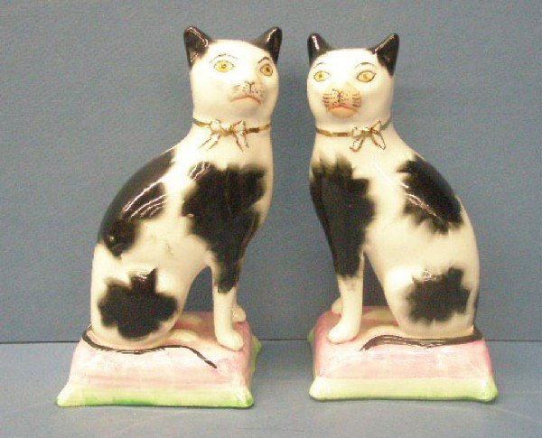 Kent Staffordshire Ware Cat Figures: Pair vintage Kent Staffordshire Ware hand painted English pottery 7" seated cat figures
