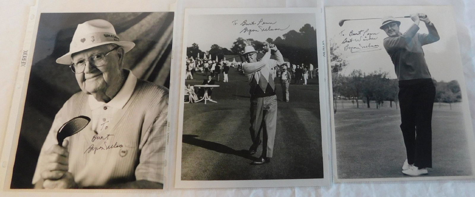 Autographed Photos - Byron Nelson: Autographed Photos -Byron Nelson, PGA gold legend - all 8" x 10" black and white photos, one candid and two action, all signed in ink, in clear plastic sleeves. CONDITION: No issues identified.